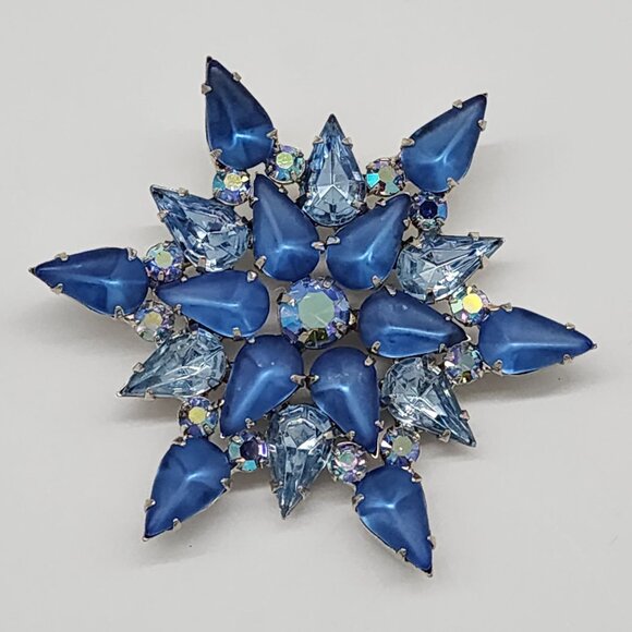 Blue Glass Cabochon Faceted Rhinestone Brooch Star Shape Open Back Silver VTG - Picture 2 of 9